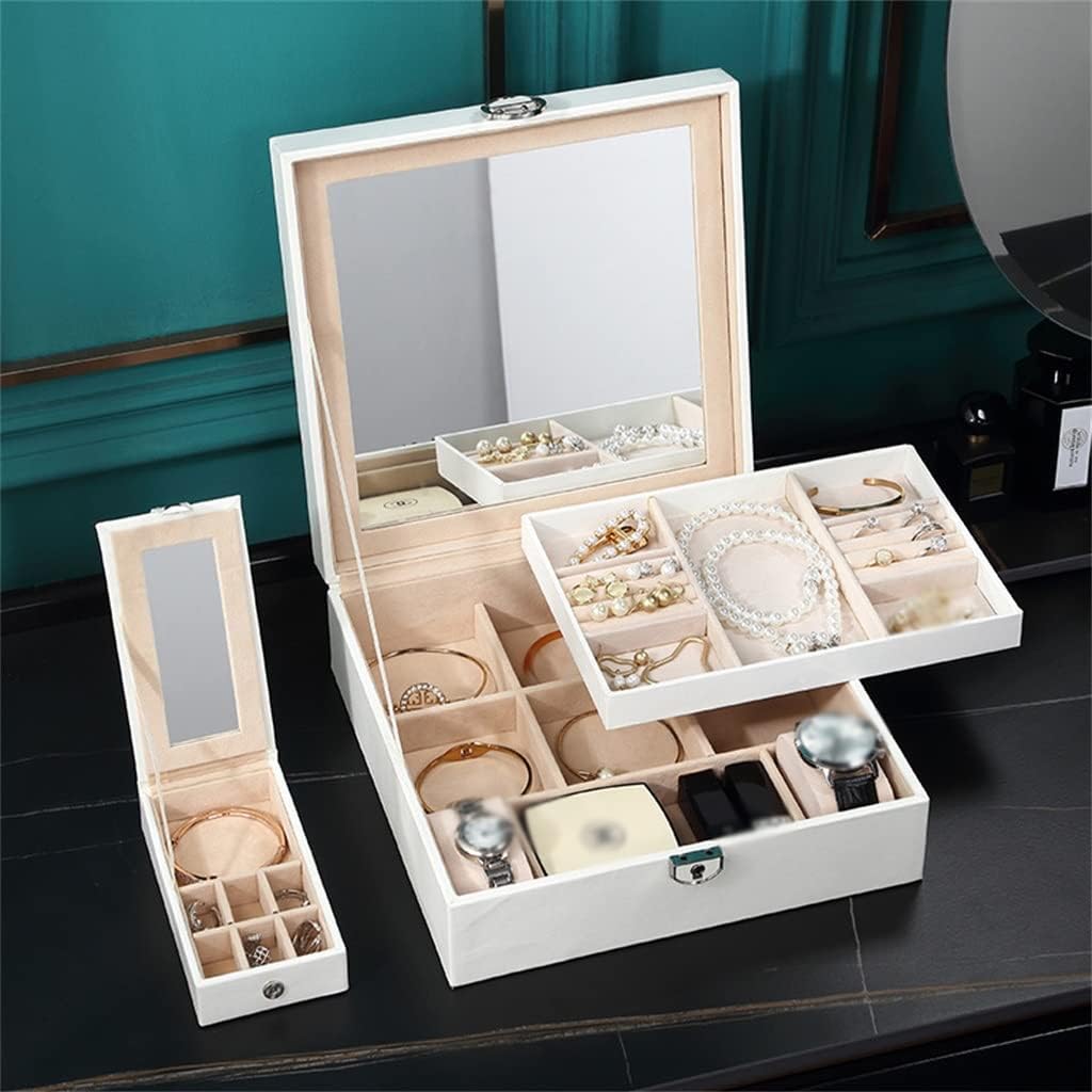 Cutie de bijuterii, Zola®, cu 2 locuri pentru ceasuri, oglinda, Alba, 25.5x 25.5cm