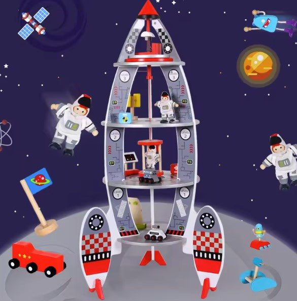 Set de construit racheta spatiala din lemn, Zola, 19 accesorii: astronauti, roboti, paunouri, masini, steaguri, 3 niveluri diferite pentru a juca 84 x 41.5 cm