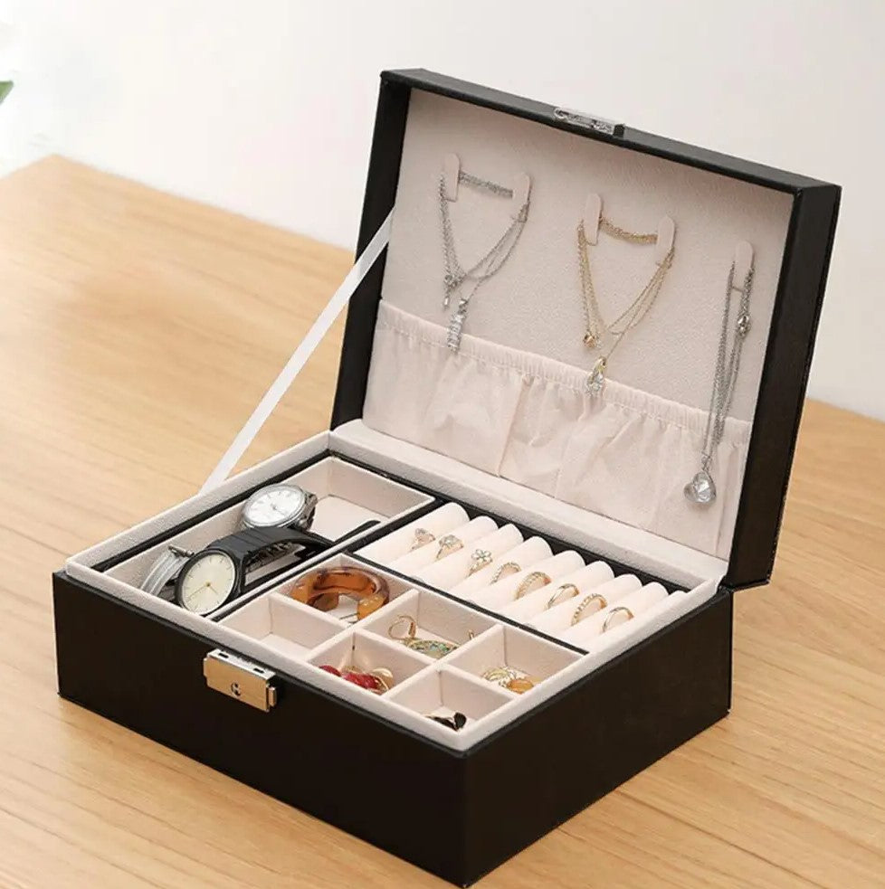 Cutie de bijuterii, Zola®, dreptunghi, cu inchizatoare, 23x18x9 cm, piele ecologica neagra