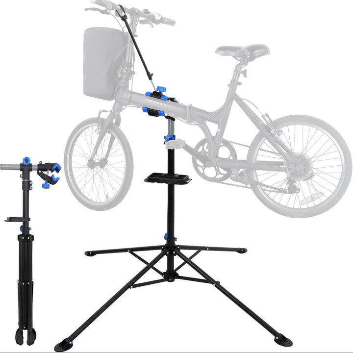 Suport de bicicleta profesional pentru reparatii, Zola, inaltime reglabila 108-190 cm, clema prindere 25-55 mm, greutate suportata 30 kg, metal, plastic, negru/albastru