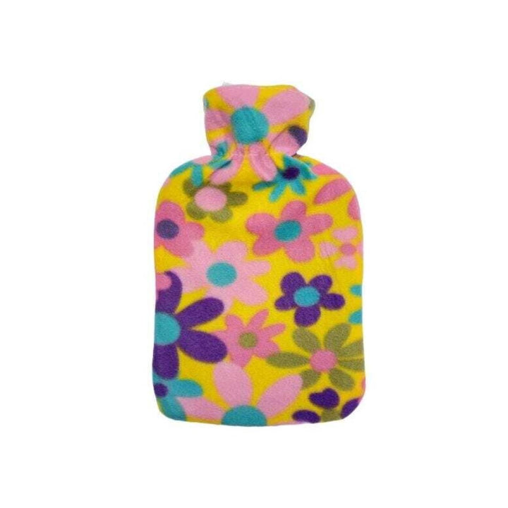 Perna pentru apa calda, Zola®, capacitate 1.7 l, din cauciuc cu husa pufoasa, galbena cu flori multicolore