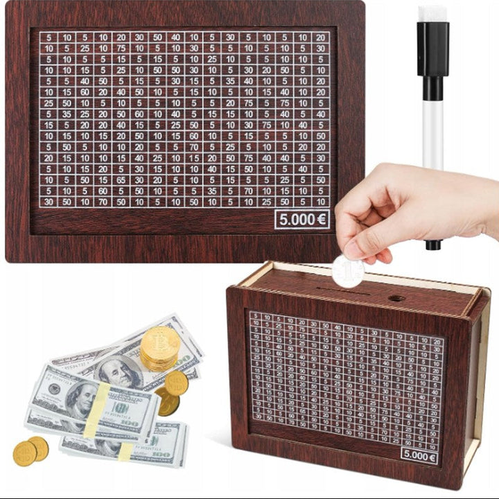 Pusculita din lemn pentru copii si adulti, Zola, sistem inteligent de economisire, pentru 5.000 de unitati, numere pentru bifat, marker, lemn, 17×12.7×7 cm, maro