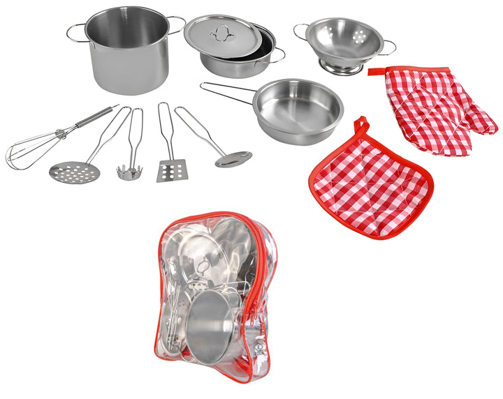 Set de vase si ustensile de bucatarie, Zola®, metalice, 12 elemente, metalice, rucsac pentru depozitat