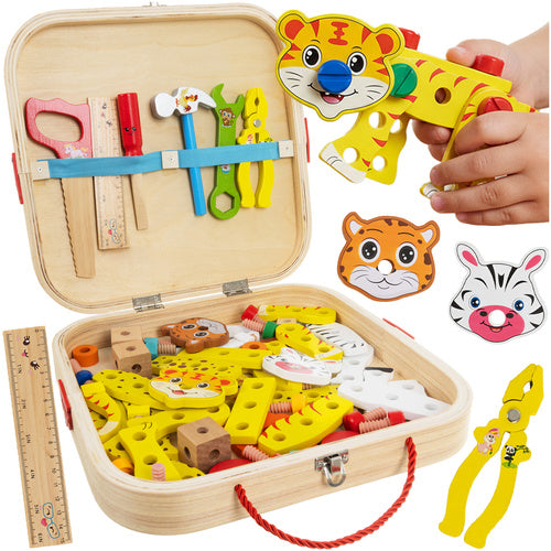 Set din lemn de construit animale cu suruburi, Zola, unelte, stickere si cutie depozitare,  31 x 32 x 6 cm