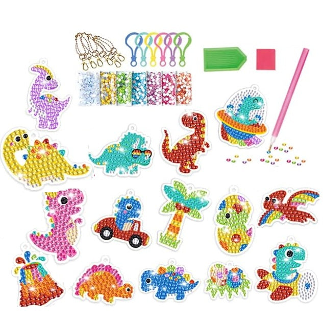 Set brelocuri mozaic cu diamante, Zola, 15 modele pentru copii, dinozauri, autoadeziv, pietre colorate, multicolor