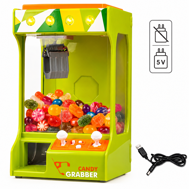 Automat de prins bomboane si jucarii cu cleste, Zola, cu cleste si joystick-uri, efecte luminoase si sonore, alimentare USB sau baterii, verde