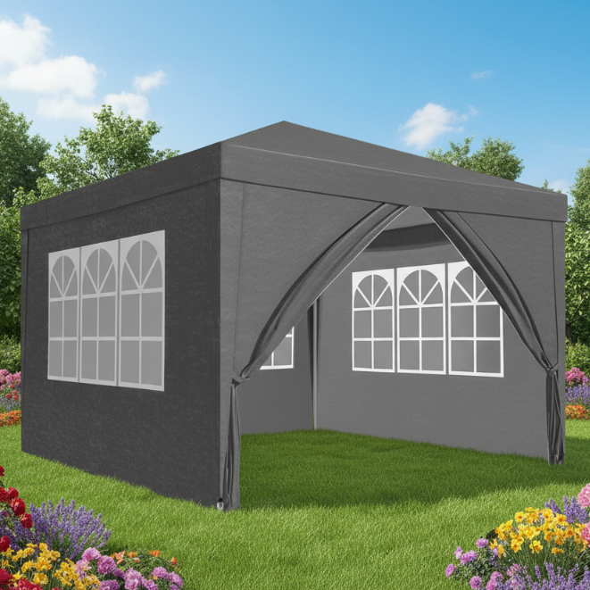 Pavilion gradina cu pereti detasabili, Zola, 3 x 3 x 2.45 m, 3 ferestre, usa cu fermoar, prindere velcro, cadru otel, polietilena 100 g/m², gri