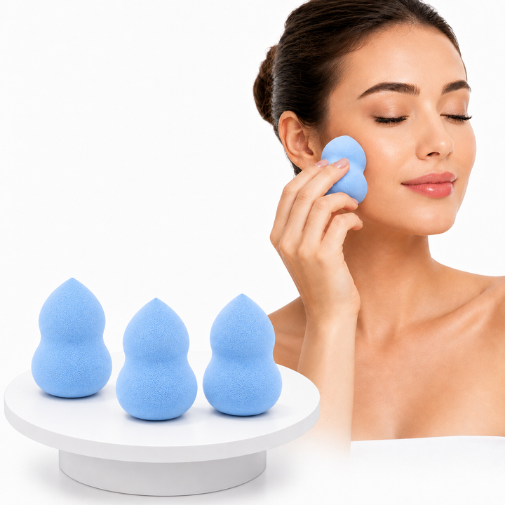 Set 3 bureti pentru machiaj, Zola®, delicat si moale, usor de curatat, forma para, blue
