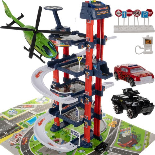 Set de joaca garaj, Zola, cu 4 etaje, 2 vehicule si 1 elicopter, covoras, semne de circulatie, 38 x 40 x 67 cm