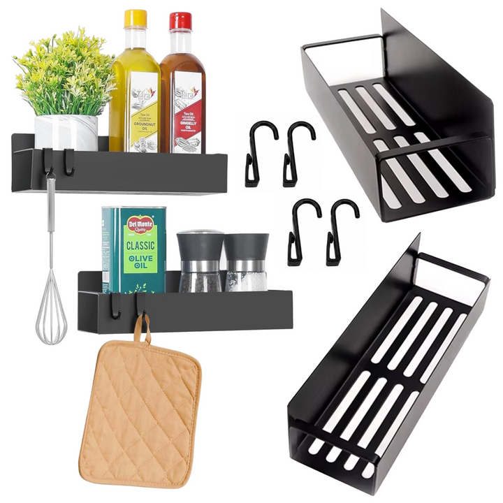 Set 2 etajere magnetice, Zola, pentru frigider si masina de spalat, 4 carlige, otel, 27 x 8.5 x 7.1 cm, negre
