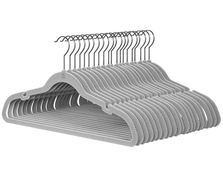 Set 20 de umerase din catifea, Zola, antiderapante, carlig pivotant,  pantaloni, camasi, rochii si suport pentru cravate/ esarfe/ curele, gri,  22.5 x 45x 0.6 cm