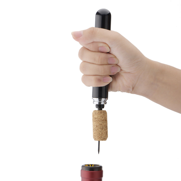 Tirbuson penumatic pentru sticle, Zola®, forma stilou, cutit suplimentar pentru taierea foliei, fin otel/plastic, negru, 20.2x2.1 cm