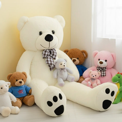 Ursulet de plus gigantic, Zola, 180 cm, funda carouri, corp flexibil, umplutura bumbac PP, poliester moale, crem