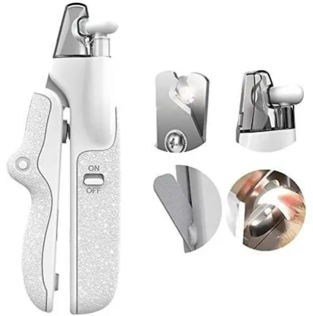 Cleste de unghii pentru animale, Zola®, cu LED, maner antiderapant si ergonomic, buton ON/OFF, 15 x 2.5 x 5.5 cm, alb