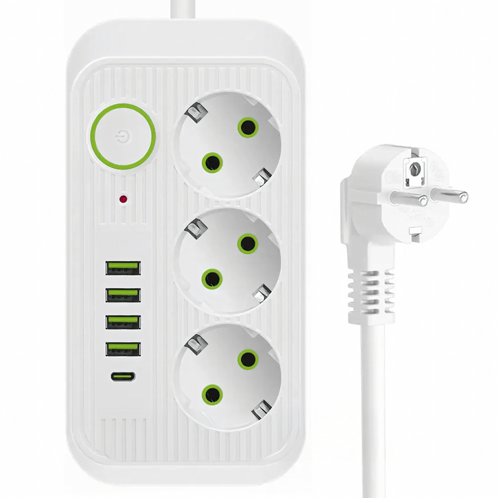 Prelungitor multifunctional cu 3 prize, Zola, 4 porturi USB, 1 port USB Type-C, lungime cablu 2 m, buton on/off, 17.5 x 9 x 3.5 cm, alb