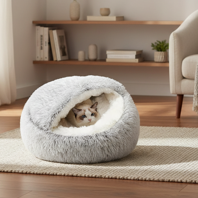 Patut pentru caini si pisici de talie mica tip cuib, Zola,  44 x 38 x 6 cm, antiderapant, material pufos, gri