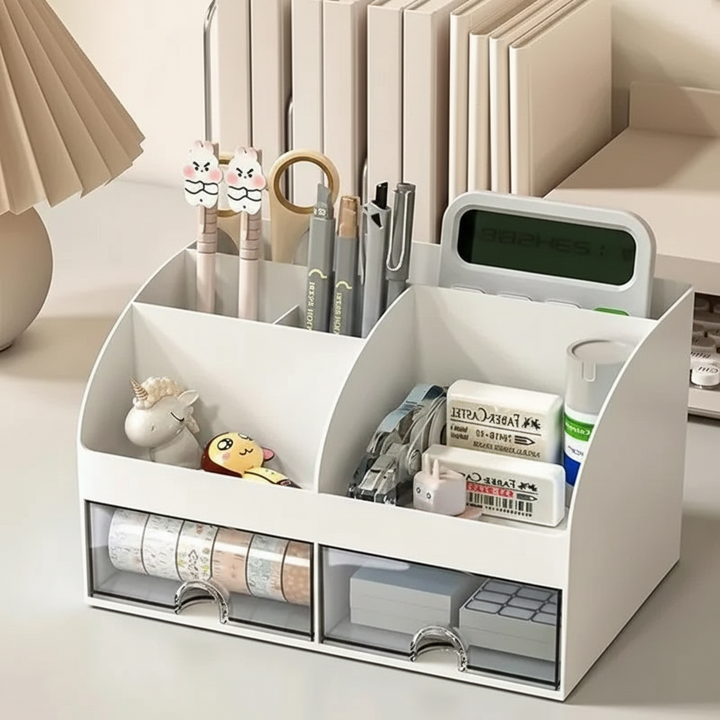 Organizator de birou, Zola, 2 sertare, 6 compartimente, din plastic, 21 x 14 x12 cm, alb/transparent