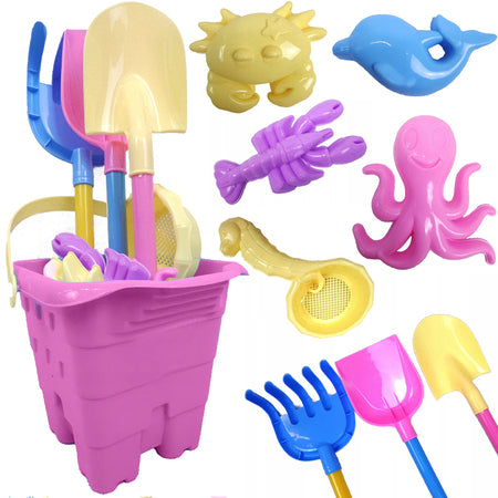 Set 9 jucarii de nisip, Zola, galetusa roz, 5 forme, lopatica, grebla, spatula, multicolore