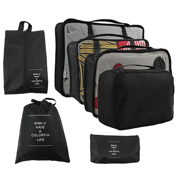Set 7 organizatoare pentru bagaj de voiaj, Zola, cu fermoar, marimi diferite, impermeabil, negru