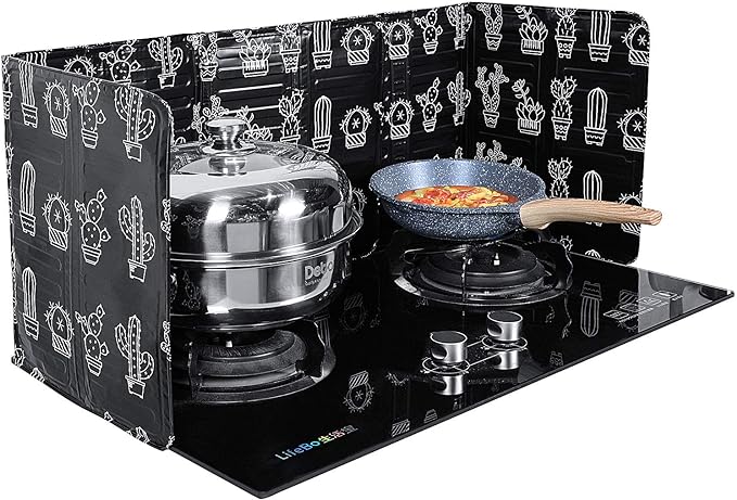 Protectie impotriva stropilor pentru aragaz, Zola®, din aluminiu, reutilizabil, pliabil, model cactusi, 83x32 cm, neagra