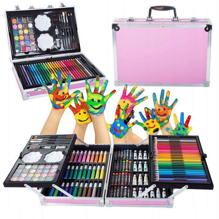 Set pictat si desen, Zola, 145 piese, gentuta depozitare stil geamantan, maner rezistent, 34 x 23 x 9 cm, roz