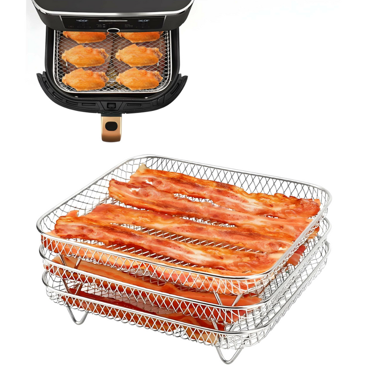 Set 3 gratare pentru airfryer, Zola, otel inoxidabil, cu picioruse, 21 x 10 cm, argintii