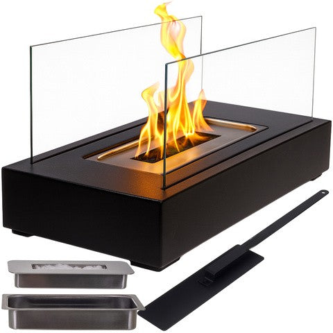 Semineu portabil  cu sticla pe bioetanol, Zola, stil loft, rezervor 250 ml, interior/exterior, 35 x 18 x 17 cm, metal, negru