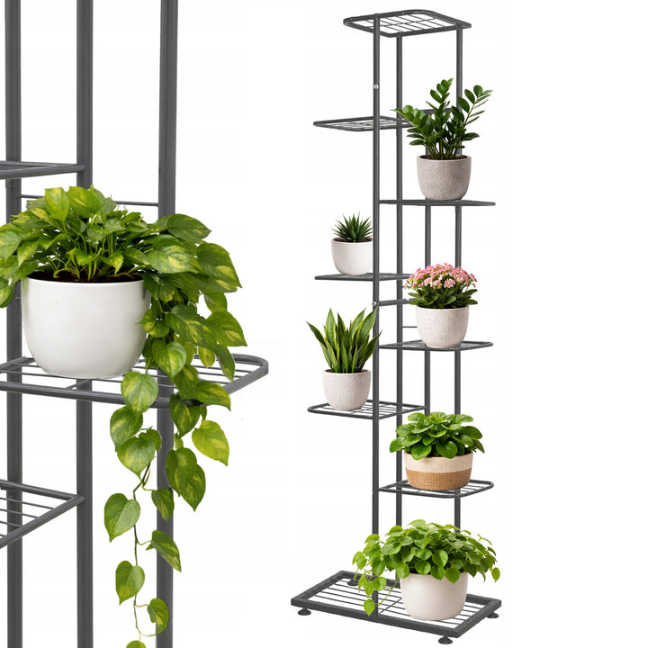 Suport metalic pentru ghivece de flori, Zola, 8 suporturi, din metal, 141 x 41.5 x 22 cm, gri inchis