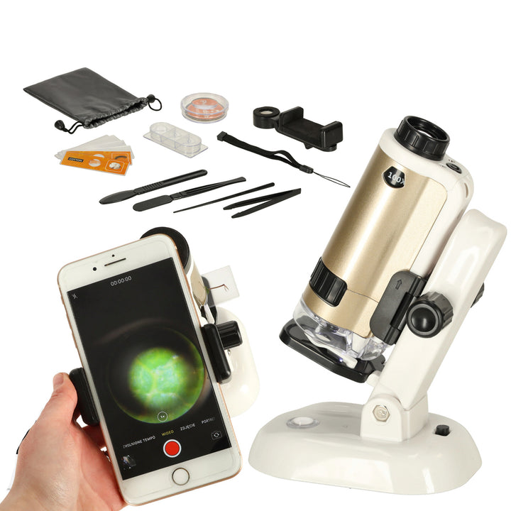 Microscop pentru copii cu lumina LED, Zola®, pliabil, marire maxima 250X, accesorii incluse, inaltime reglabila, 11 x 7.5 x 17.5 cm