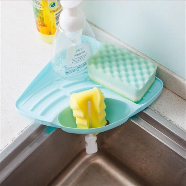 Organizator de colt pentru chiuveta, Zola®, cu scurgere, din plastic, prindere cu ventuza, albastru