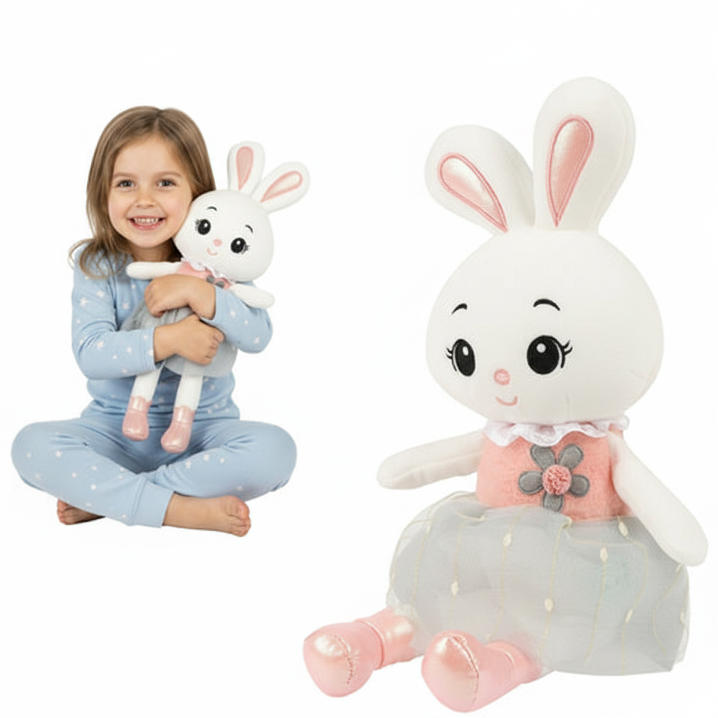 Jucarie de plus iepuras, Zola, 45 x 20 cm, rochita si ghetute roz, umplutura bumbac PP, material moale, alb