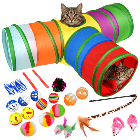 Set 24 jucarii pentru pisici, Zola, tunel, undita, soricei, mingi si arcuri, multicolore