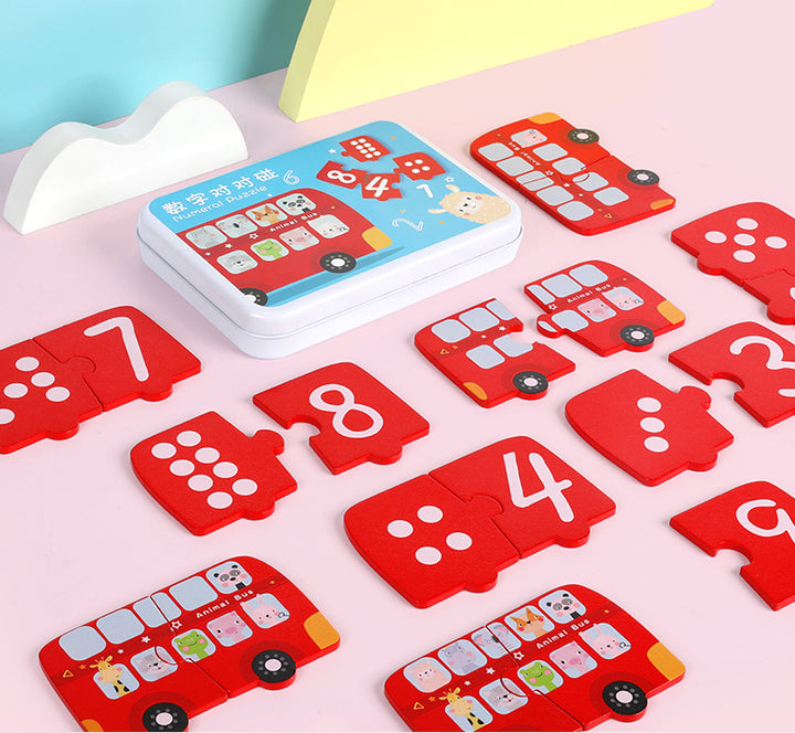 Set de 10 puzzle-uri din lemn, Zola®, invatam numerele, model autobuze, cutie depozitare metalica