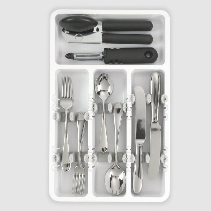 Suport tacamuri extensibil, Zola®, insertii reglabile, alb/gri, spatios, usor de curatat, 24-41 x 38.5 x 7 cm