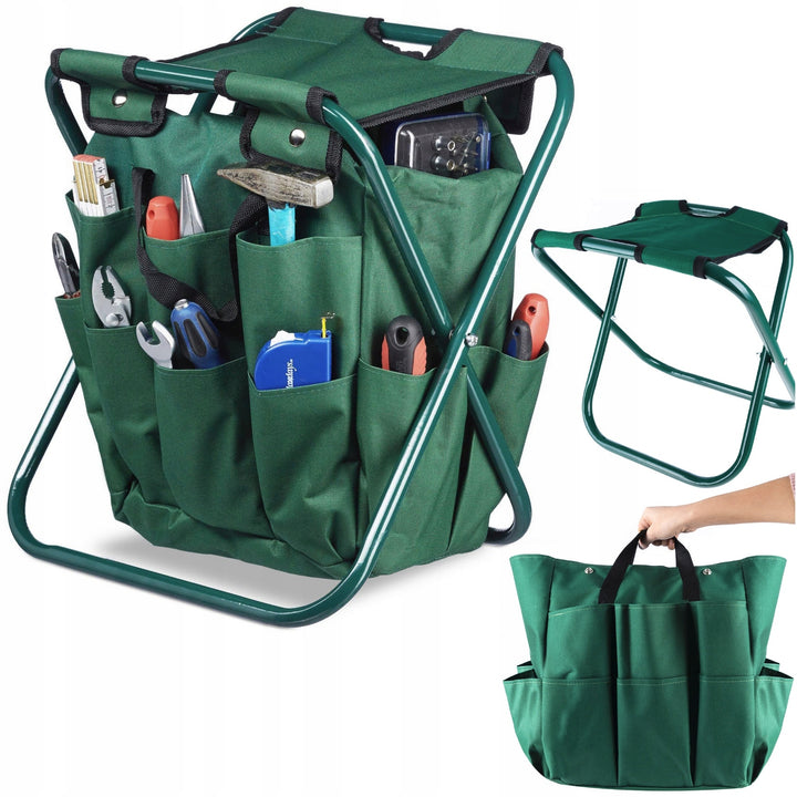 Scaun pliabil cu geanta detasabila pentru depozitarea uneltelor, Zola, 1 compartiment principal, 16 buzunare laterale, prindere capse, cadru otel, poliester, 29 x 39 x 41 cm, verde