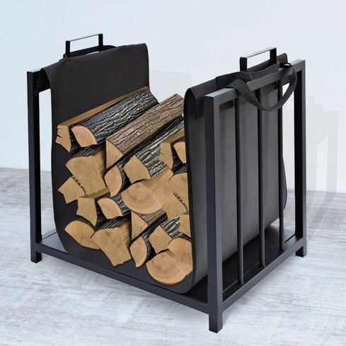 Suport depozitat lemne pentru semineu, Zola, geanta textila pentru transportat, cadru din otel, 50.5x37x50 cm