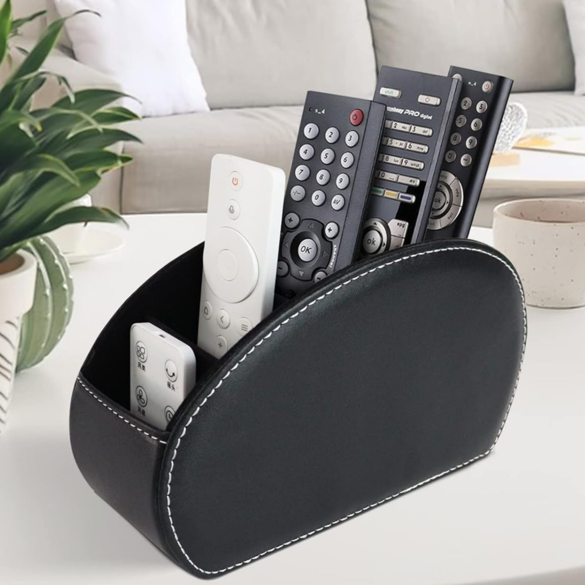 Suport organizator pentru telecomenzi, Zola, 5 spatii, piele ecologica, 22 x 7.2 x 12 cm, negru