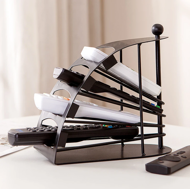 Suport organizator pentru telecomenzi sau telefoane, Zola®, pentru 4 telecomenzi, metalic, 20.5x10x21 cm, negru