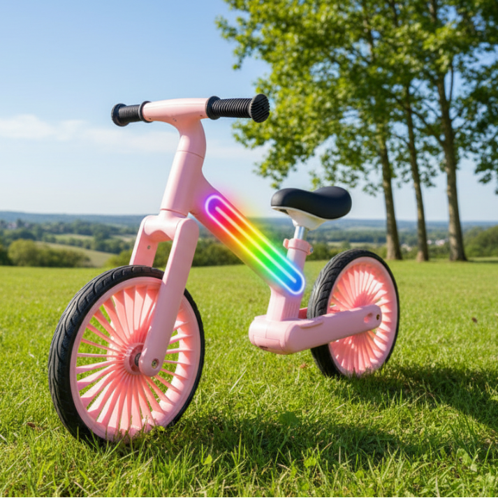 Bicicleta fara pedale copii echilibru, Zola, LED RGB, usoara, reglabila, sa ergonomica, 90 x 55 x 40-45 cm, roz
