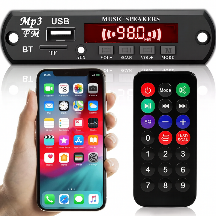 Adaptor FM/MP3/Bluetooth, Zola, ecran LCD, port micro SD/AUX, cabluri conectare, telecomanda inclusa, negru
