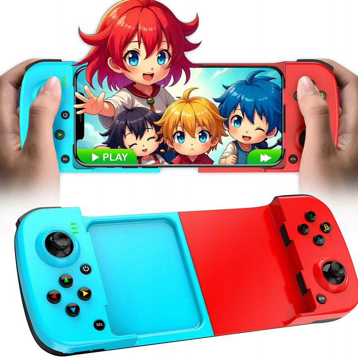 GamePad Controller pentru telefon, Zola, compatibil Android,IOS,PC si Playstation 3,  bluetooth 5.0, wireless, mod multiplayer, suport telefon de la 135 mm la 173 mm, cablu incarcare USB-C inclus, plastic cu finisaj cauciuc anti-alunecare, albastru/rosu