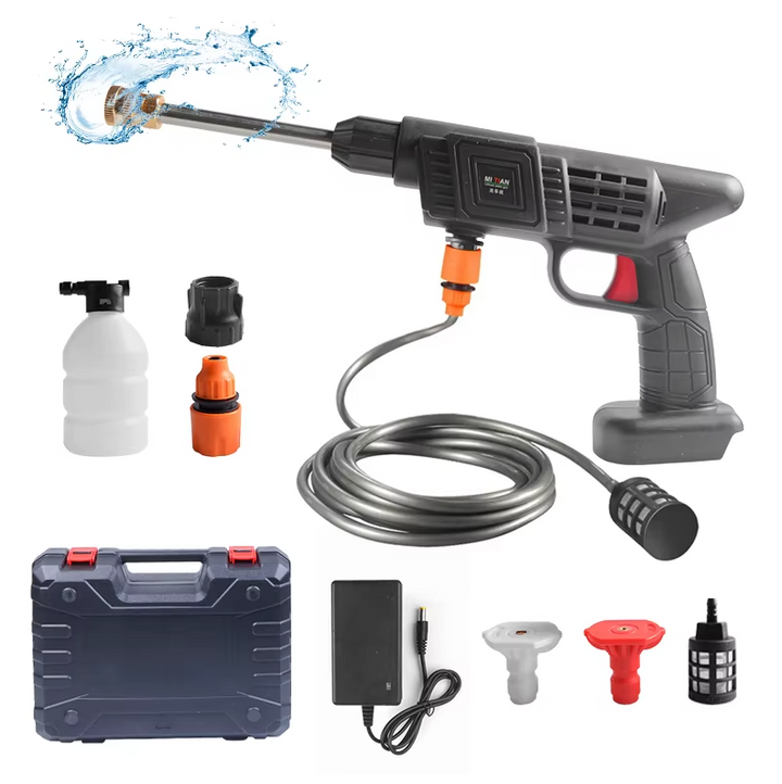 Aparat de spalat cu presiune, Zola, 21V, 2 duze 0° / 45°, filtre, sita, furtun 5 m, recipient spuma, 2 acumulatori, lungime 68 cm, negru