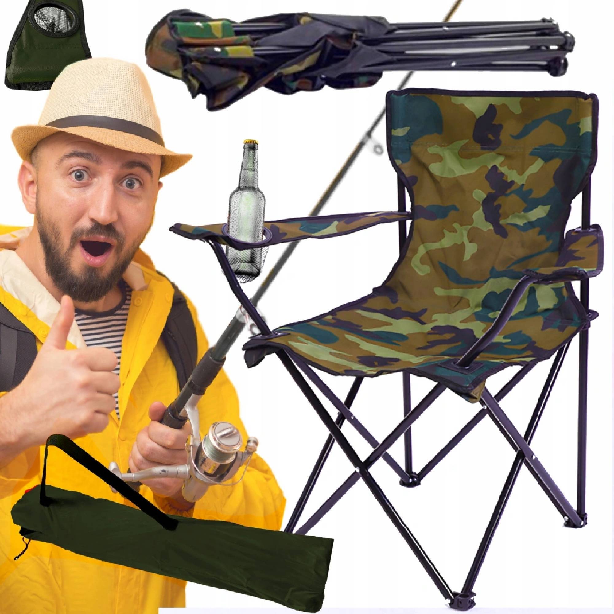 Scaun pliabil de pescuit/camping model camuflaj, Zola, cu suport pahar, cadru metalic, greutate suportata 100Kg, tesatura Oxford, 50 x 50 x 80 cm, husa, verde camuflaj