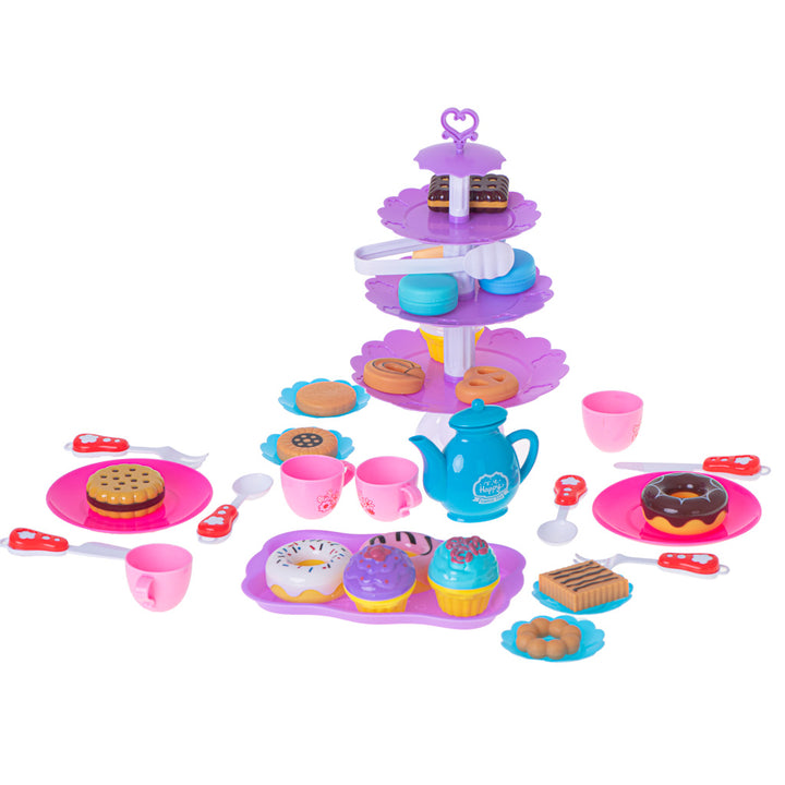 Set de joaca pentru copii stand pentru prajituri, Zola, vesela pentru ceai, dulciuri, cafea, tacamuri, 46 accesorii, multicolor