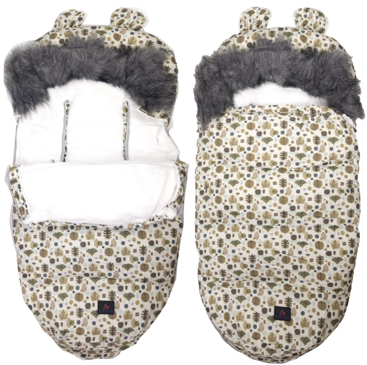 Sac de dormit pentru bebelusi si copii, Zola, model cu urechi, impermeabil si rezistent la vant pentru iarna,, 100x46 cm, model frunze