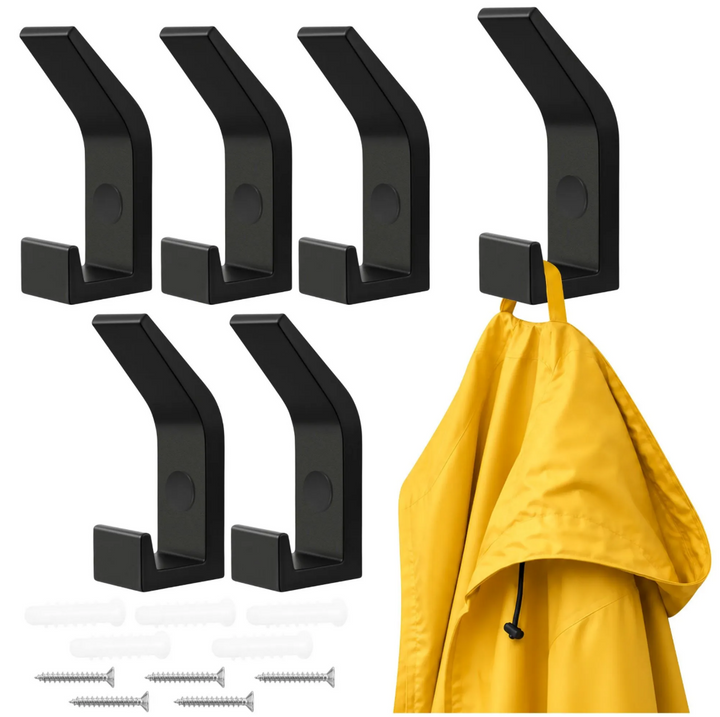 Set 5 carlige de perete, Zola, pentru haine si genti, 7 x 3 x 2 cm, fixare cu suruburi, aliaj de zinc, negru mat