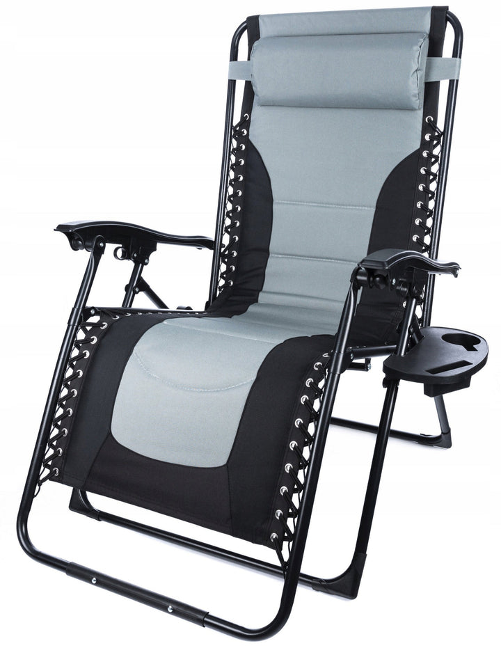 Sezlong de gradina pliabil cu manere, Zola, suport pentru pahar si telefon, perna pentru cap, cadru metalic, 600D  poliester, 173 x 75 cm, negru/gri