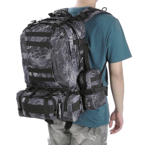 Rucsac militar tactic, Zola®, capacitate 45 L, buzunare laterale detasabile, 50x30x22 cm, alb/gri/negru