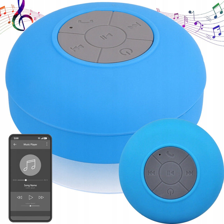 Boxa bluetooth portabila waterproof, Zola, impermeabila cu ventuza, pentru dus, LED color, IPX4, 6x6 cm, albastra