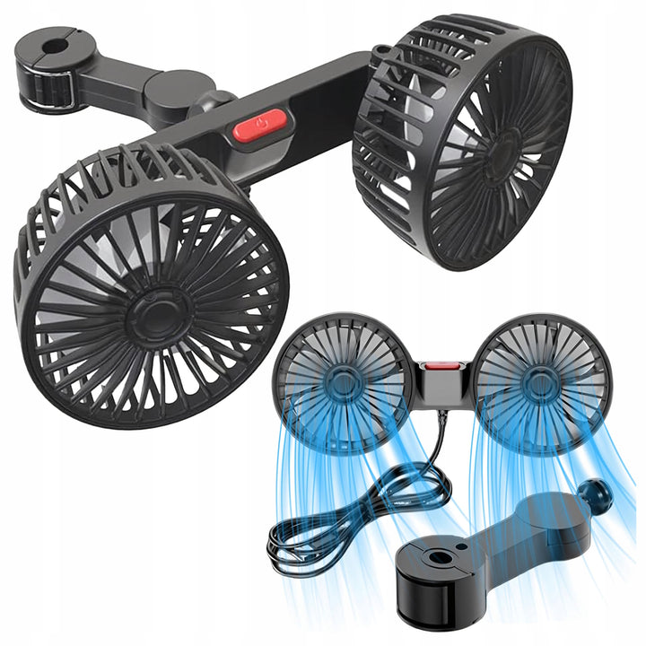 Ventilator auto dublu, Zola, rotire 360°,  10W, alimentare 5/12/24 V, USB, cablu 180 cm, PP, 25 x 10.5 cm, negru